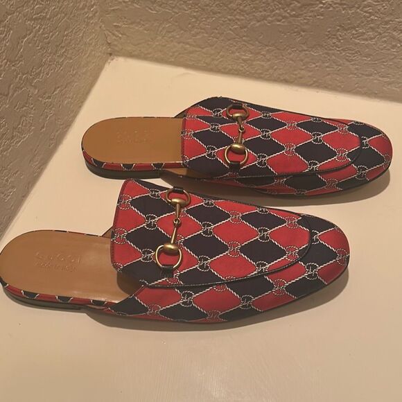 Gucci Men's Size 11.5 Princetown Mule Slides Blue Red Diamond Pattern Horsebit - Picture 2 of 13